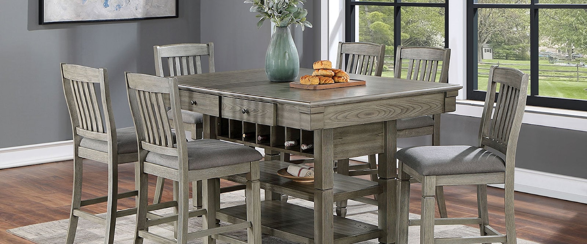 Transitional 7-Piece Counter Height Dining Table Set