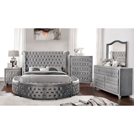 5-Piece Glam Upholstered Queen Round Bed with 2 Nightstands