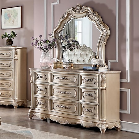 Transitional 9-Drawer Dresser and Mirror