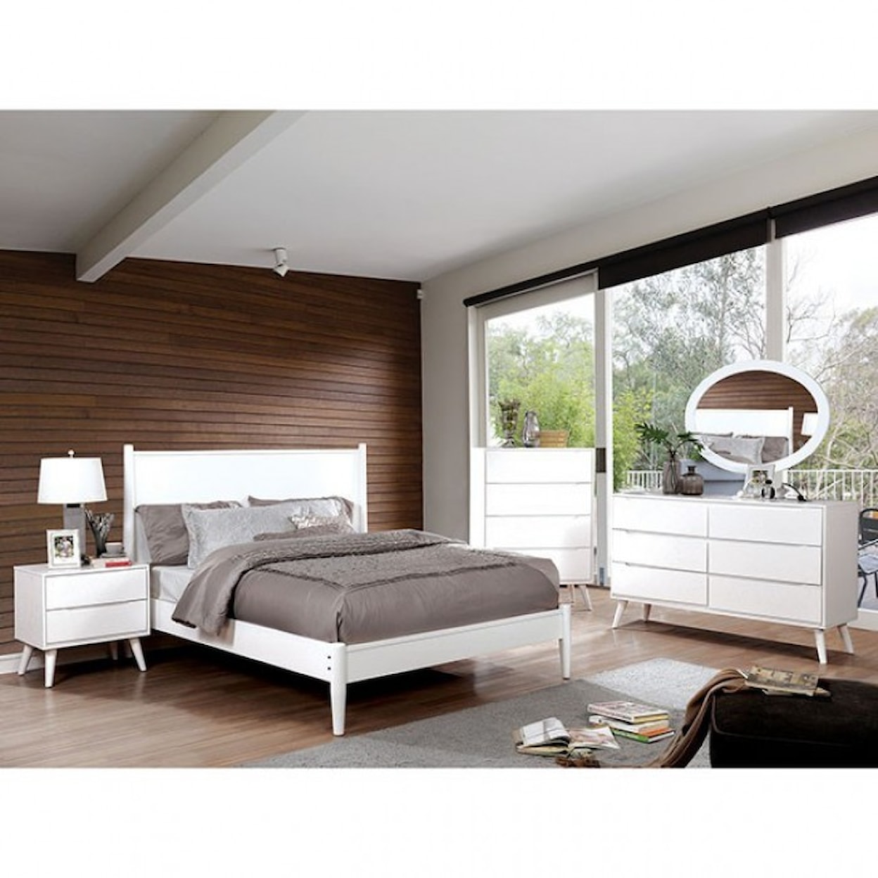 FUSA Lennart Queen Bed and 1NS and Dresser and Oval Mirro