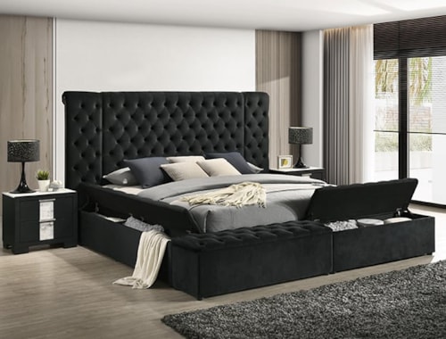 Contemporary Tufted Queen Bed with Storage Footboard