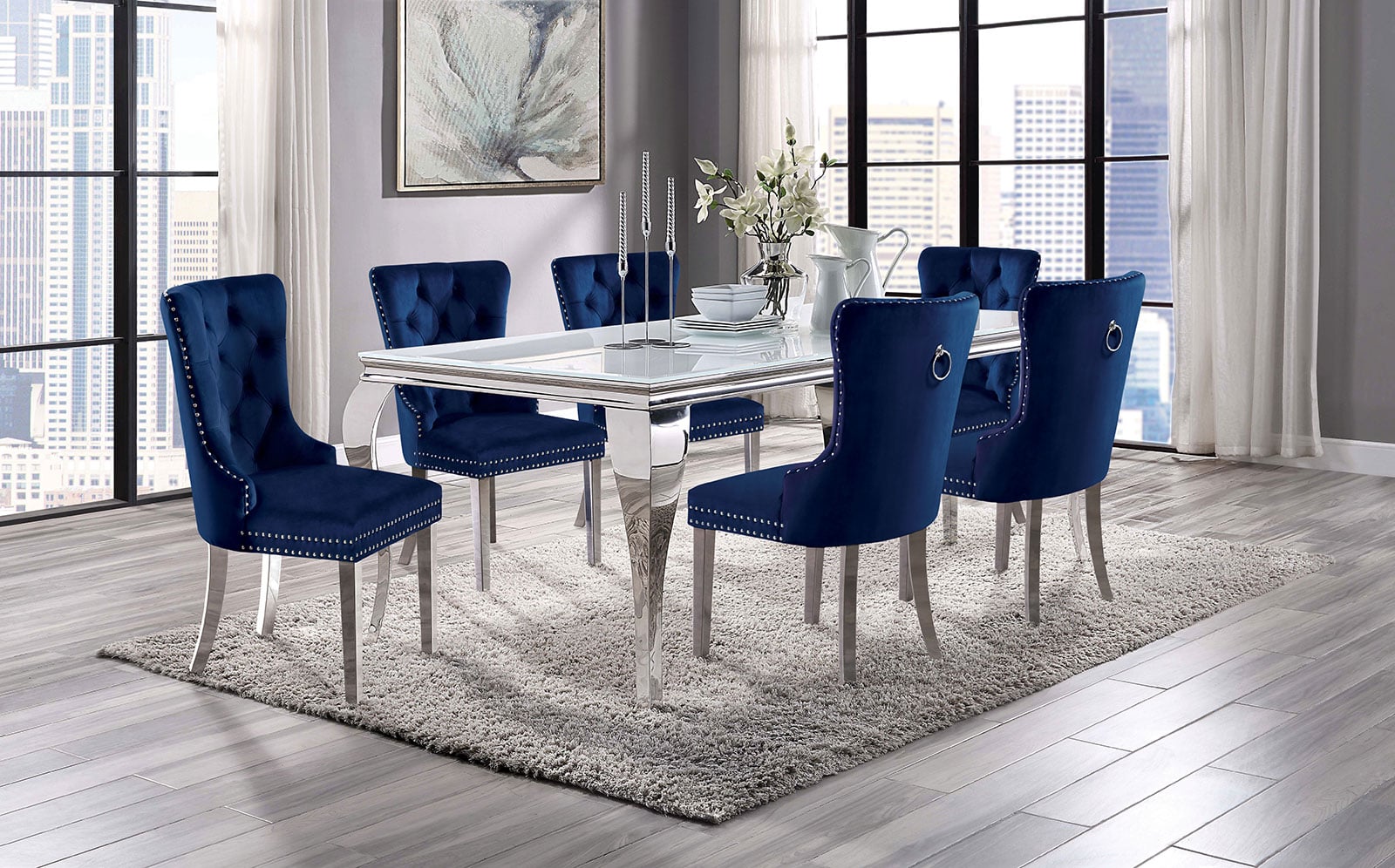7-Piece Dining Set with Navy Chairs