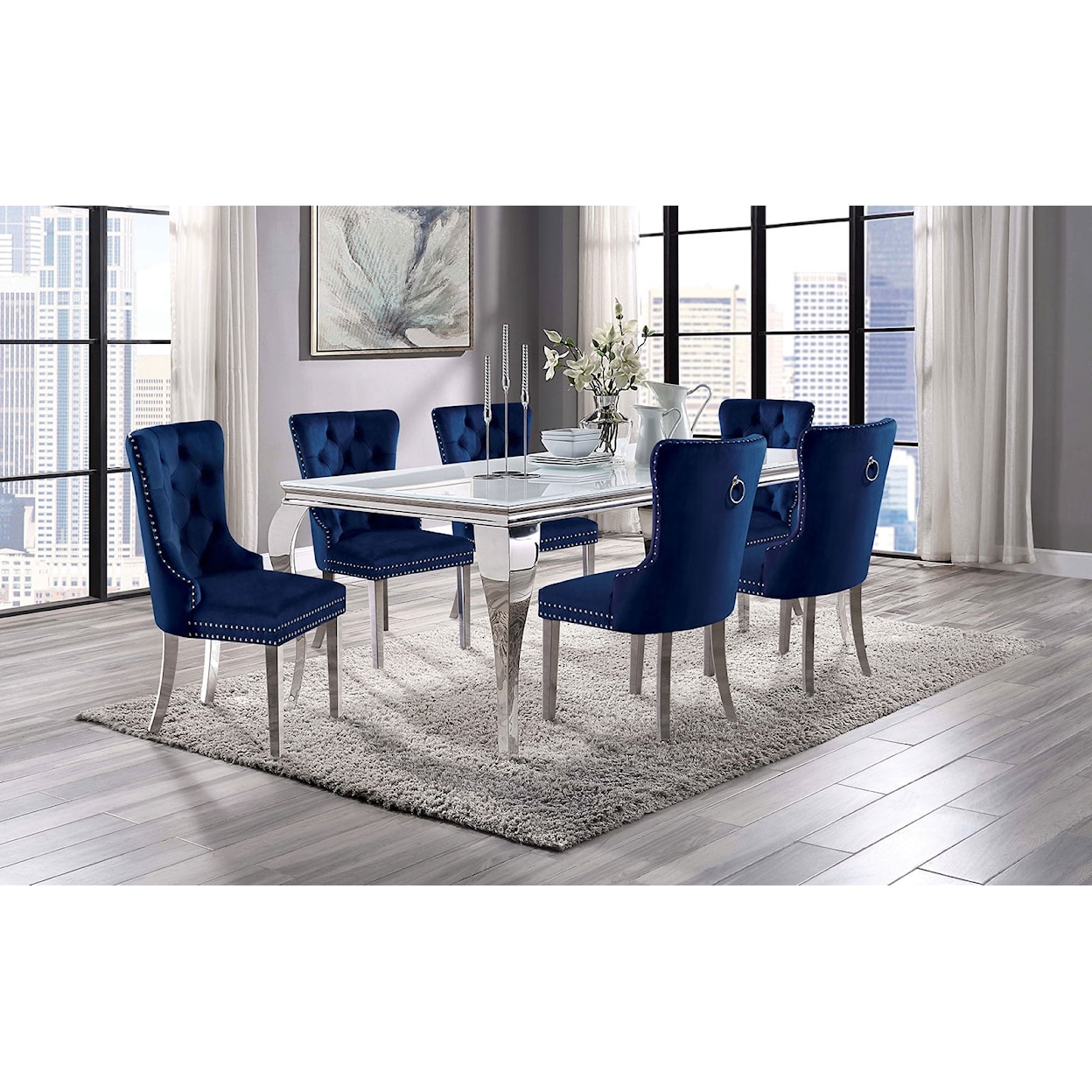 Furniture of America Neuveville 7-Piece Dining Set with Navy Chairs