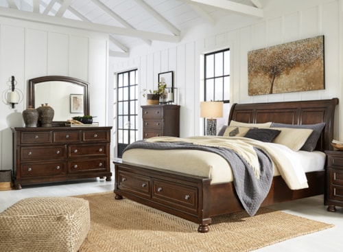 Queen Sleigh Storage Bed, Dresser, Mirror and Chest