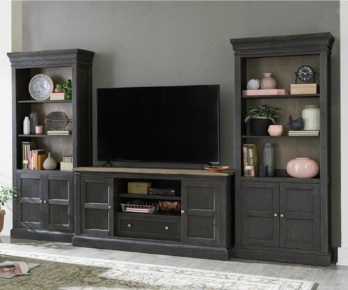 Transitional 3-Piece Entertainment Wall Unit with Closed Storage and Display Lighting