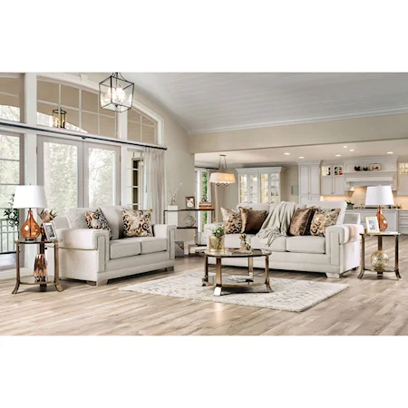 Transitional Sofa and Loveseat Set with Block Arms