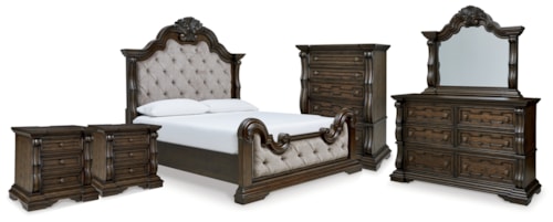 King Upholstered Bed, Dresser, Mirror, Chest And 2 Nightstands