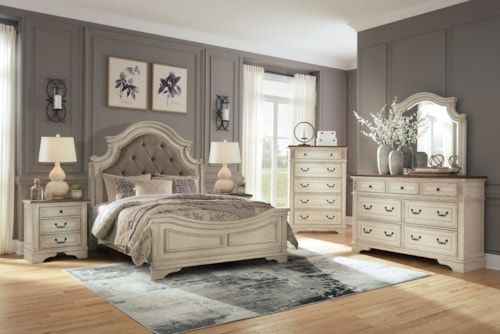 Queen Upholstered Panel Bed, Dresser, Mirror, Chest And 2 Nightstands