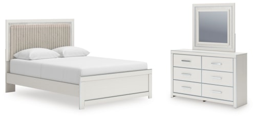 Queen Upholstered Panel Platform Bed, Dresser And Mirror