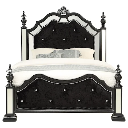 Traditional Glam Queen Poster Bed with Jeweled Tufting
