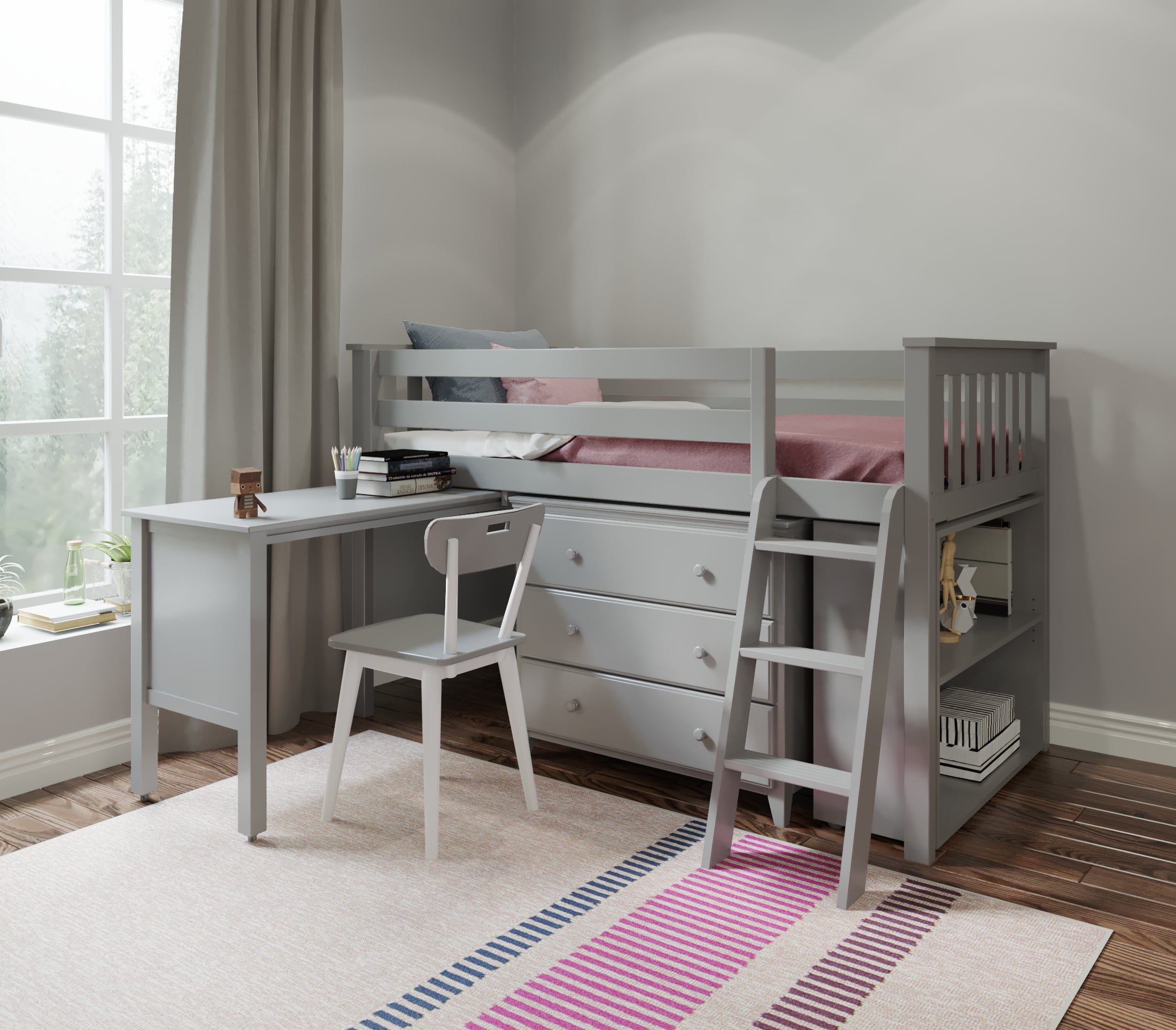Jackpot Kids Loft Beds Twin Low Loft Bed Set w/Pull Desk In Gray