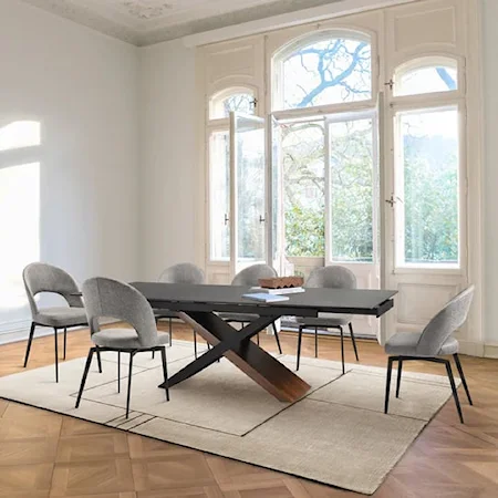 Transitional 7 Piece Extendable Dining Set with Gray Fabric Chairs