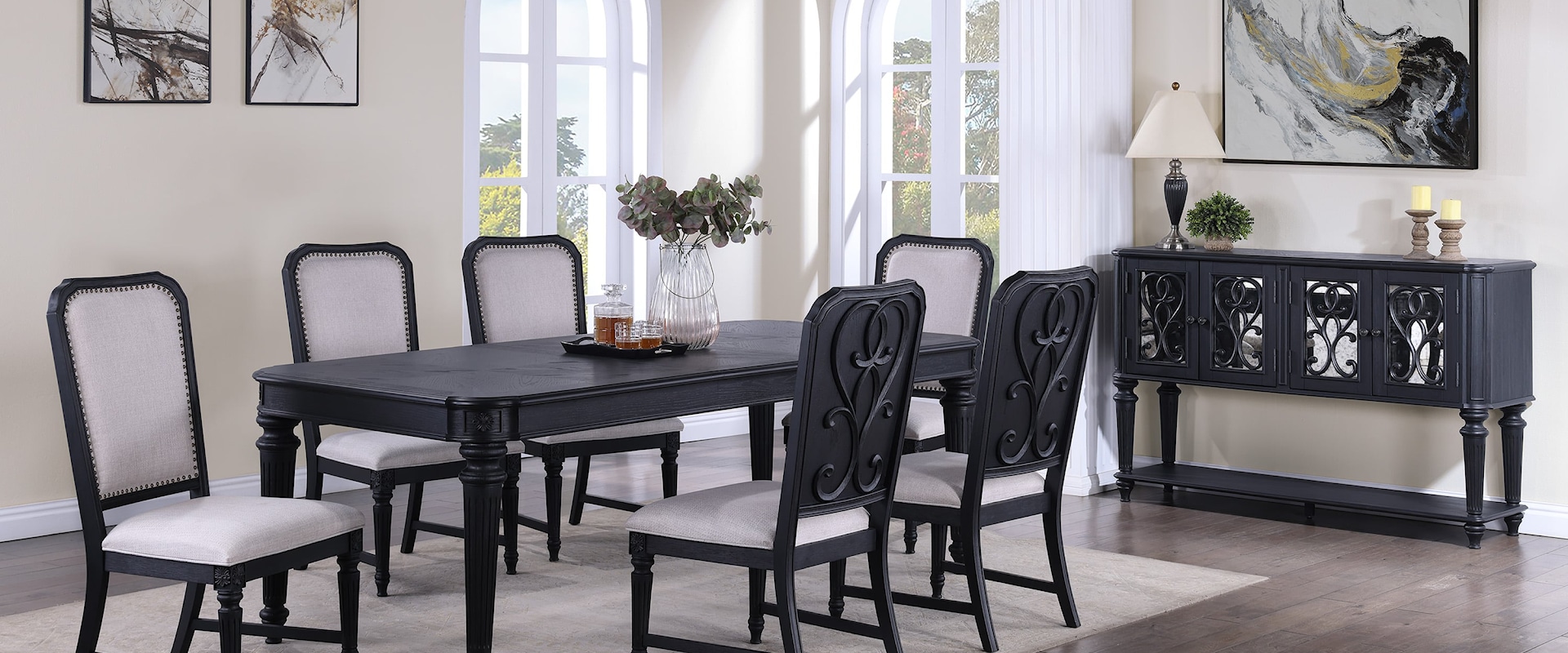 Transitional 8-Piece Dining Set with Side Chairs and Side Board