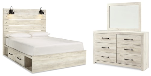 Queen Panel Bed With Storage, Dresser And Mirror