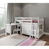 Windsor Twin Low Loft Bed Set w/ 3 Drawer Dresser, 2 Shelf Bookcase, Pull out Desk in White
