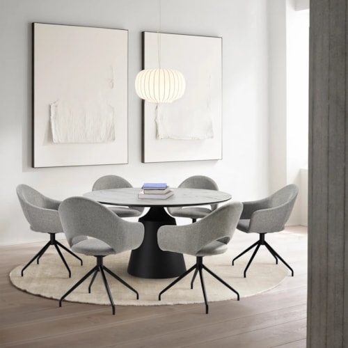 Contemporary 7 Piece Dining Set with Stone Top and Gray Fabric Chairs