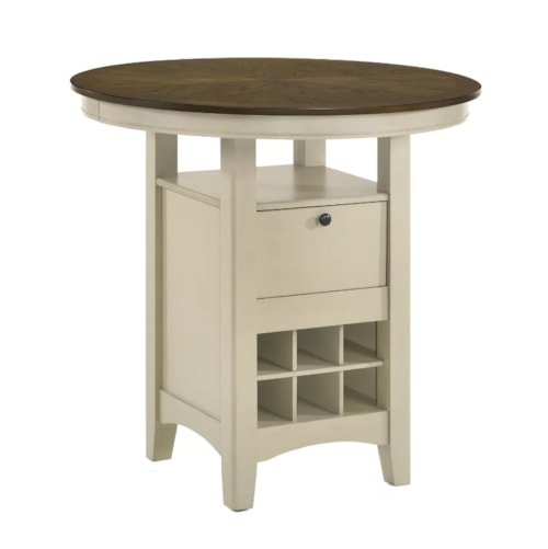 Rustic Farmhouse 42" Round Pub Height Dining Table with Wine Bottle Storage