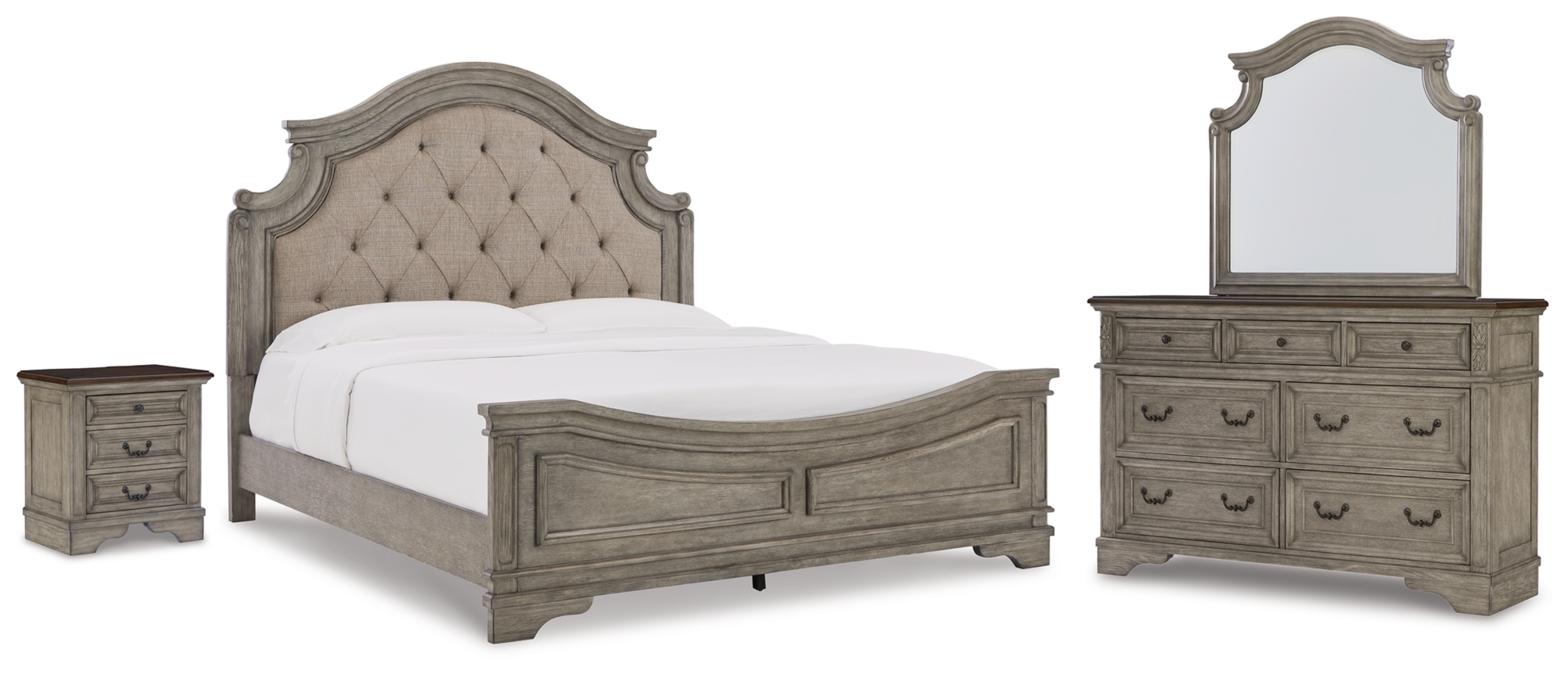 King Upholstered Panel Bed, Dresser, Mirror, And Nightstand