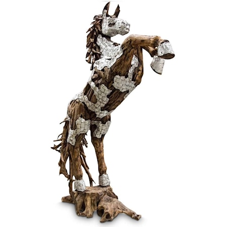 Wood Crafted Rearing Horse Sculpture