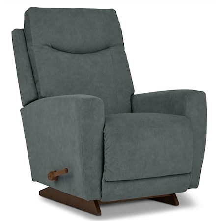 Casual Upholstered Manual Rocking Recliner with Exposed Wood Leg