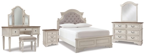 Full Panel Bed, Dresser, Mirror, 3-Piece Vanity And Nightstand