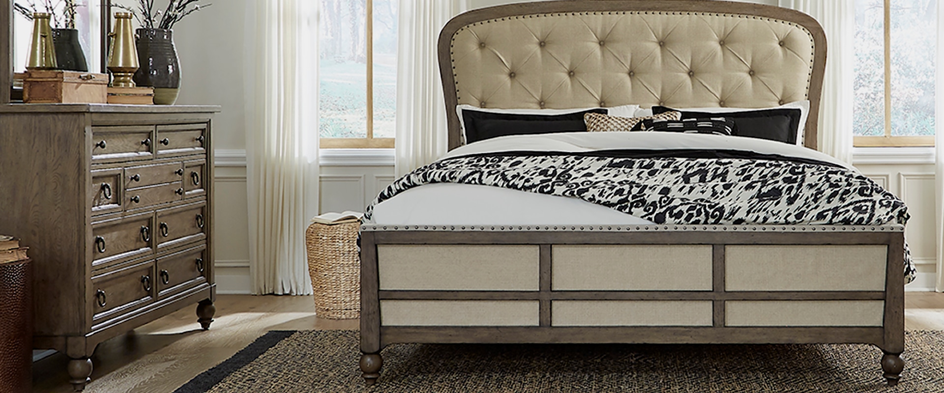 3-Piece Transitional Upholstered Queen Shelter Bedroom Set