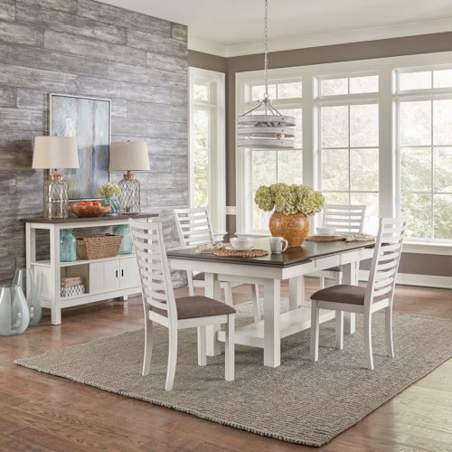 Transitional 5-Piece Trestle Table Dining Set Set with Ladder Back Chairs