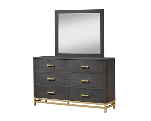 Trevor Contemporary 6-Drawer Dresser and Mirror with Gold Accents
