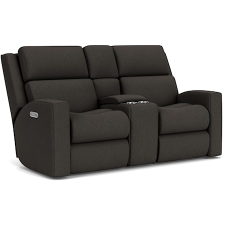 Contemporary Power Reclining Loveseat with Console, Power Headrests & Lumbar