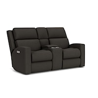 Contemporary Power Reclining Loveseat with Console, Power Headrests & Lumbar