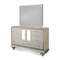 Glam Upholstered 8-Drawer Dresser with Landscape Mirror