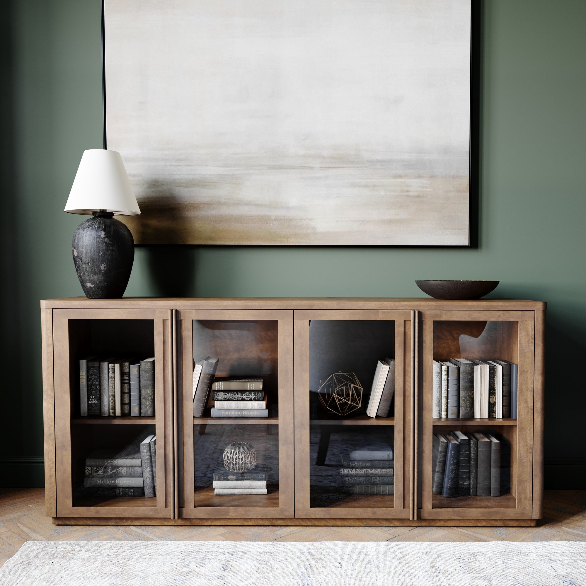 Four-Door Grooved Wood Buffet w/Glass Doors