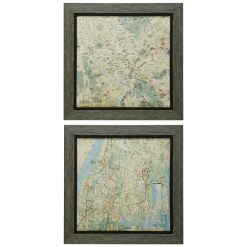 Set of Two Map Prints with Weathered Wood Frame