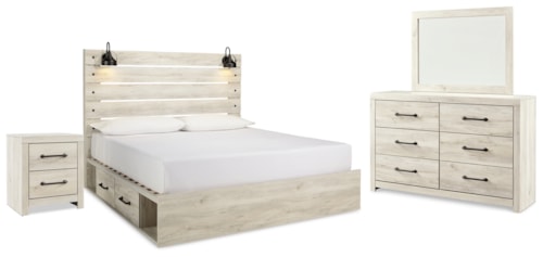 King Panel Bed With Storage, Dresser, Mirror And Nightstand