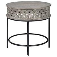 Carved Mango Round End Table in Gray Finish with Metal Base
