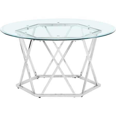 Glam Contemporary Round Cocktail Table with Hexagonal Chrome Base