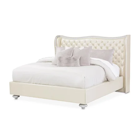 Glam Upholstered Queen Scalloped Bed with Crystal-Tufting