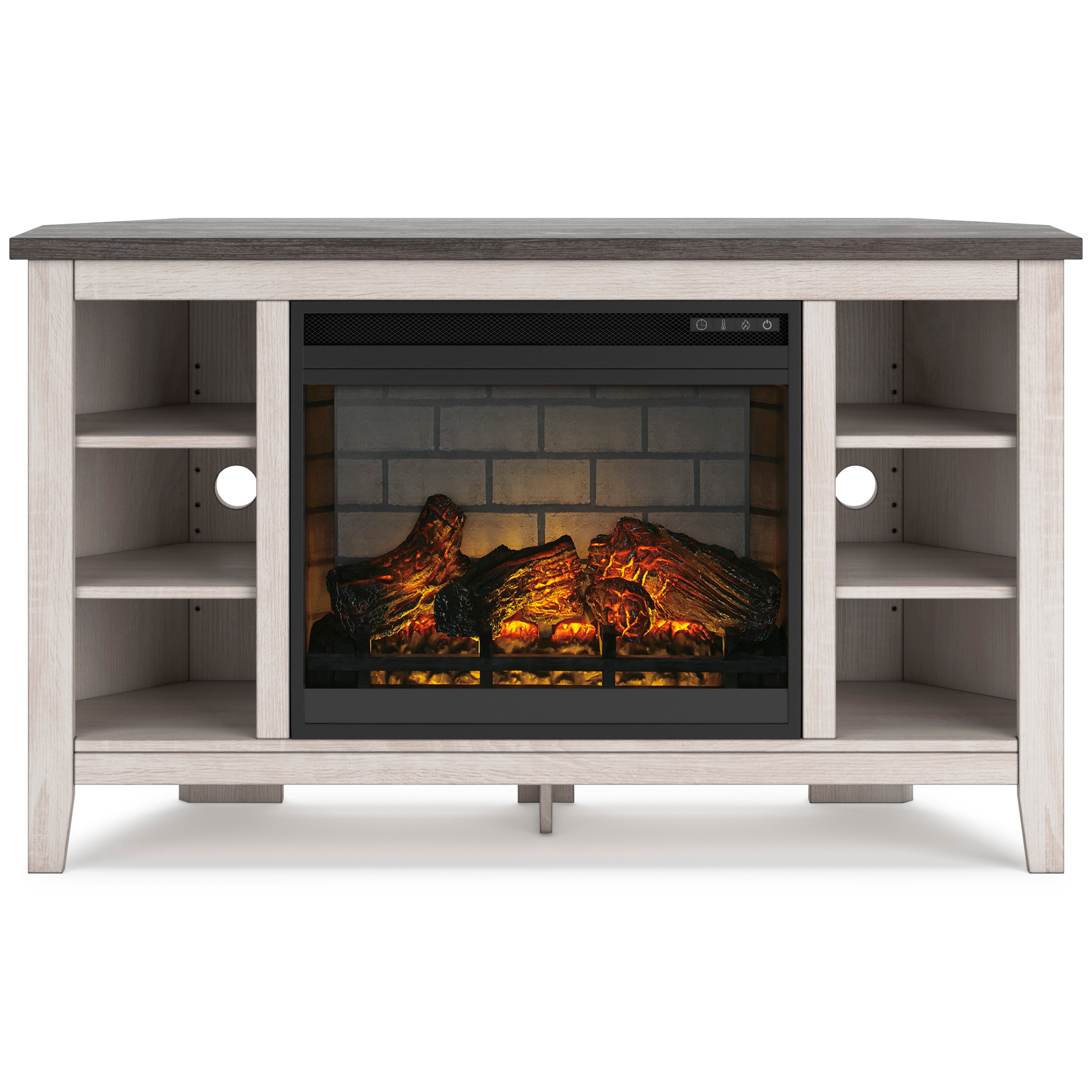 Gray corner tv stand deals with fireplace