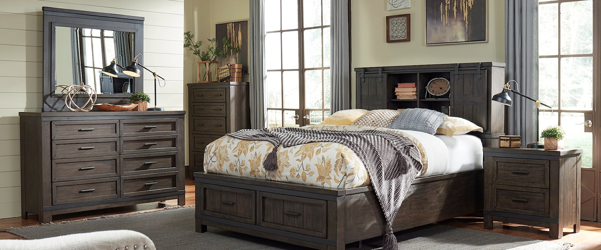 Transitional 5-Piece Queen Panel Bookcase Bed with Storage Footboard Set