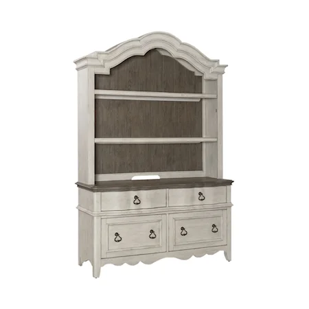 Traditional White Storage Credenza and Hutch with LED Lighting