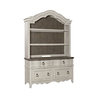 Traditional White Storage Credenza and Hutch with LED Lighting