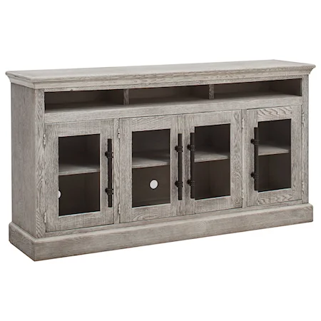 Traditional 73" Console Table with Open Shelving and Glass Doors