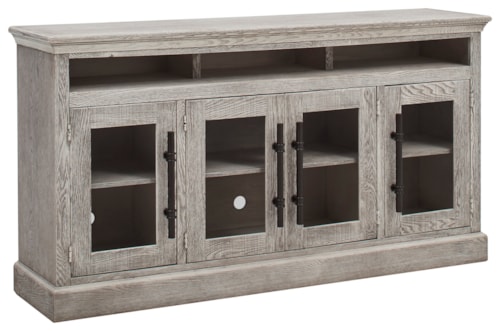 Traditional 73" Console Table with Open Shelving and Glass Doors