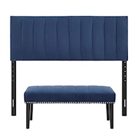 Channeled Upholstered Full / Queen Headboard and Bench Set in Sapphire Blue
