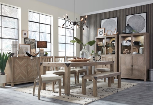 Rustic Industrial 7-Piece Dining Set with Upholstered Chairs and Bench