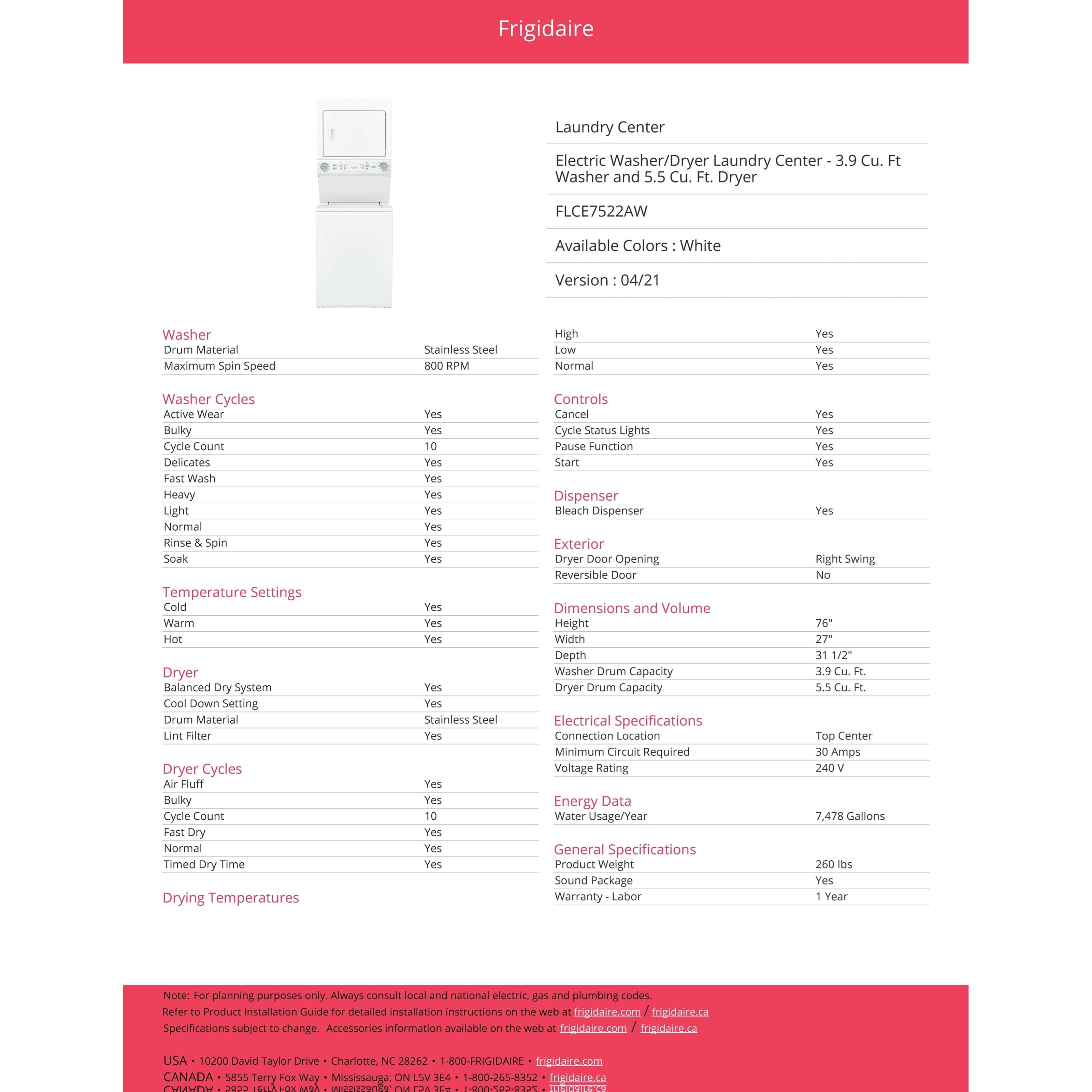 Frigidaire Laundry Laundry Center - FLCE7522AW