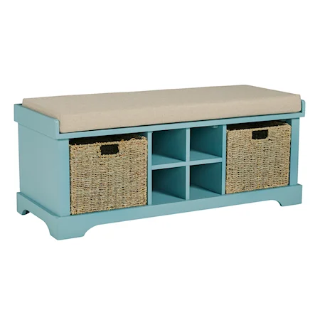 Teal Cushioned Storage Bench with 4 Cubbies and 2 Rattan Baskets