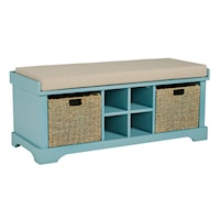 Teal Cushioned Storage Bench with 4 Cubbies and 2 Rattan Baskets
