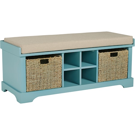 Teal Cushioned Storage Bench with 4 Cubbies and 2 Rattan Baskets