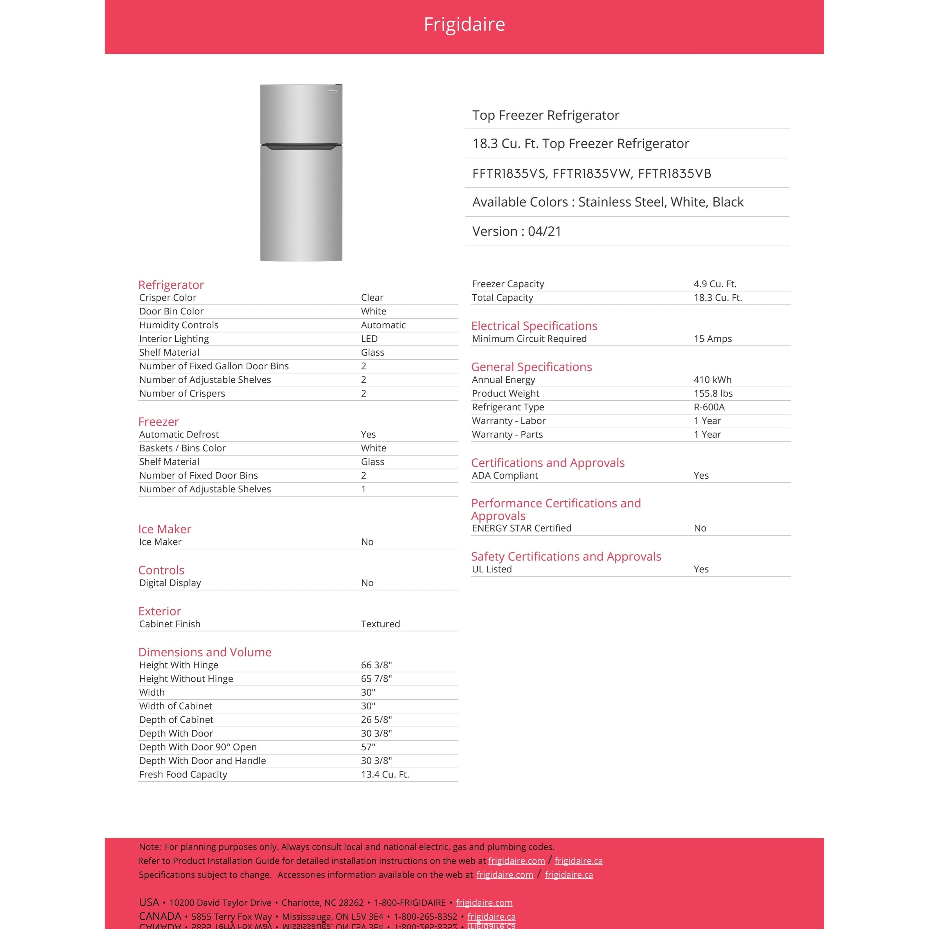 Frigidaire Refrigerators Top Freezer Freestanding Refrigerator